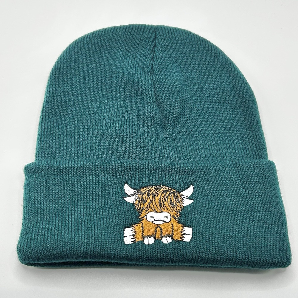 Highland Cow Cattle Cartoon Animal Beanie Hat Cap Knit Cuff Green Outdoors